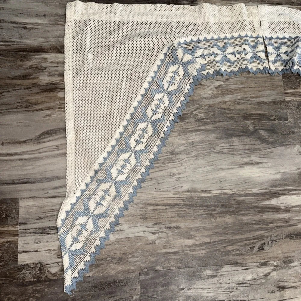 Set of 2 Vintage Curtain Curtains Blue Lace Cream Blue Cottage Crochet Lace